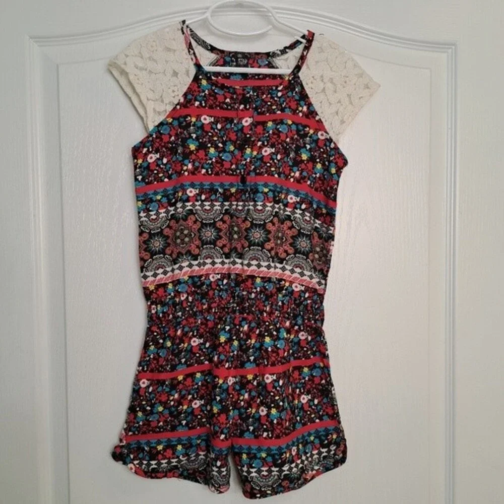 Star Ride Red Lace Romper Bohemian Paisley Floral Print